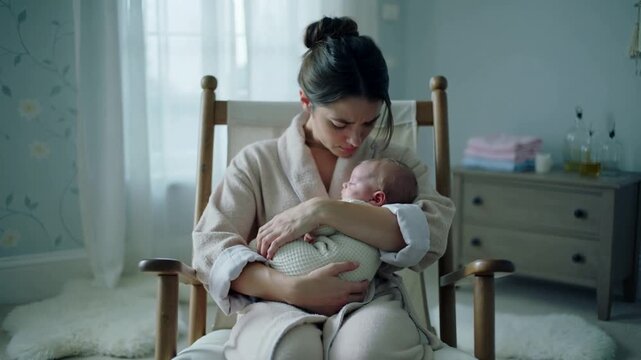 Cradling woman in robe fixing swaddle and rocking chair in nursery as infant stirs, checking breath