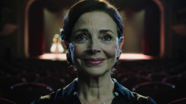 Watching senior woman smiling at performer moving onstage in dim theater, wearing pendant
