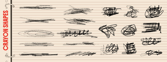 Charcoal scribble with collage ink and grunge brush highlight for layout or zine. Messy charcoal scribbles underline in emphasis marks. Hand drawn vector pack isolated on craft ruled legal pad bg. © Syuzann q