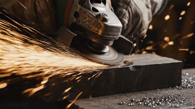 Close up of a grinding machine creating sparks on metal block
