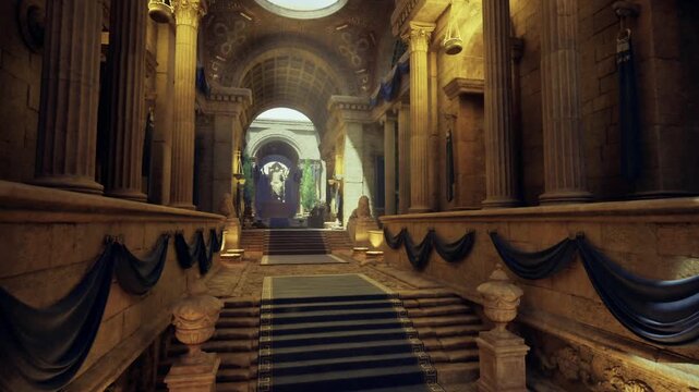 dim corridor with statues and deep shadows, textured stone steps and blue runner, cinematic lamp glow, historic vibe and contemplative silence