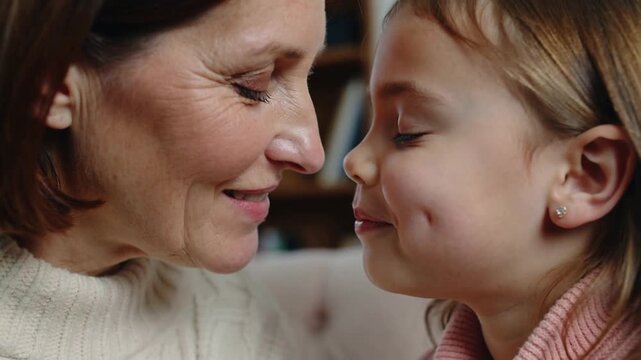 Leaning senior and child in cream and pink sweaters puckering lips touching noses on couch, bonding