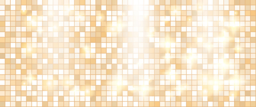 Disco mirror tile in gold sequin glow for event poster. Bright disco ball sparkle on a soft background by warm light. Vector dance background with abstract glitz as Christmas bg template.