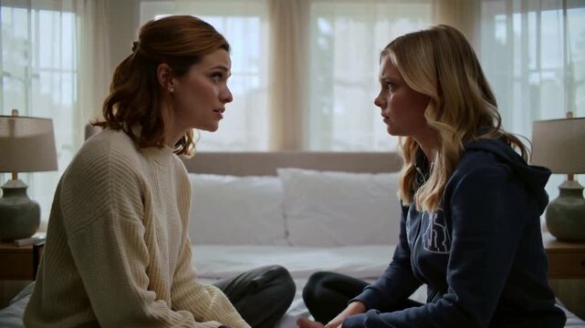 Leaning forward, woman in cream sweater speaking to teen in blue hoodie on bed, showing concern