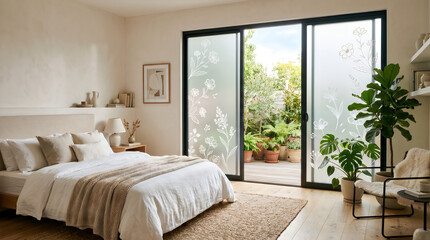Fototapeta premium Cozy modern bedroom with sliding glass doors featuring floral frosted window film, overlooking a lush patio garden with potted plants, bright and airy interior design