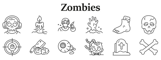 Fototapeta premium Horror zombie set icon. Skull head, candle, masked figure, rising hand, severed foot, crosshair, brain cut, eyeball, worm skull, grave, bones, undead themed elements line style