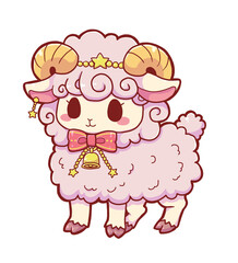 Obraz premium Authentic Hand Drawn Cute Aries Zodiac Sign Illustration – Kawaii Fantasy Ram with Stars, Ribbon and Bell in Fairytale Astrology Style