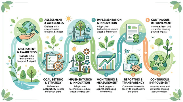 Eco sustainability infographic illustrating a comprehensive 6-step environmental management process from assessment to continuous improvement