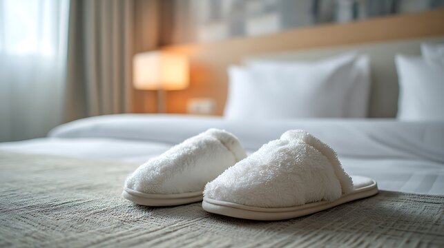 Pair of soft white hotel slippers on a made bed in a luxury hotel room.