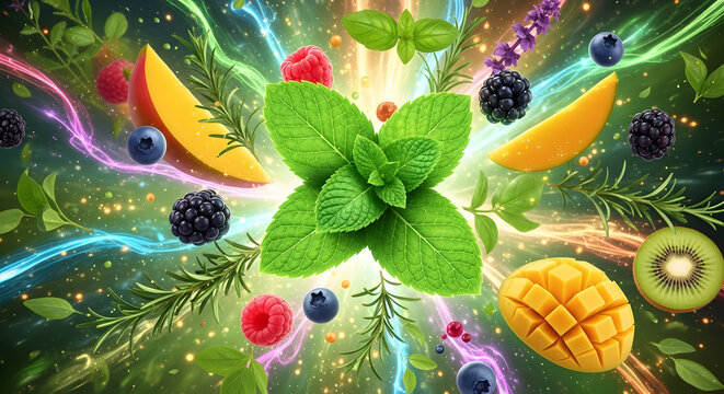 Fresh mint leaves and assorted fruits with colorful energy streams healthy concept raspberry