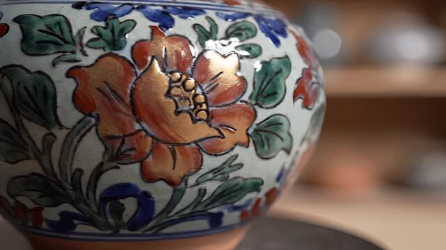 Closeup of a beautifully decorated ceramic vase with floral patterns.