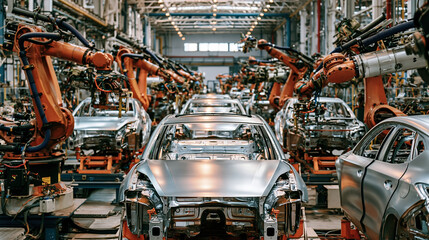 Naklejka premium Electric vehicle assembly line with robotic arm and car body in bright factory interior