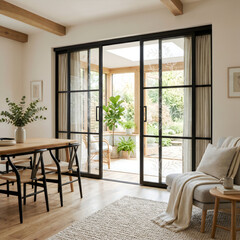 Fototapeta premium Modern dining room with black metal sliding glass doors opening to a bright sunroom with lush greenery and wooden beams, creating a seamless indooroutdoor living space