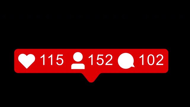 social media notification pop up love, like, follower, comment flat icon animation with counting number, engagement notification counter, growth social media insight on transparent background