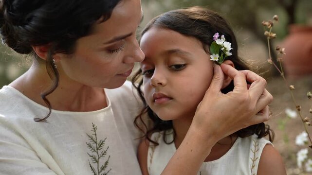 Leaning mother placing wildflowers behind girl's ear in garden in embroidered top, tucking stems