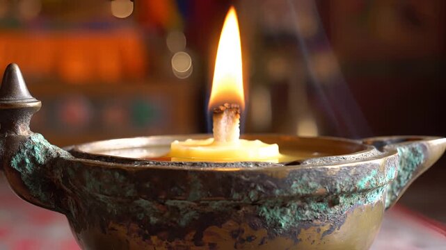 Closeup of an ancient oil lamp burning with a bright flame.