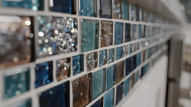 Closeup of a shimmering mosaic tile backsplash in a modern kitchen.