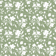 Graphic hand drawn cottagecore floral pattern with ditsy flowers. Leaves, foliage, and meadow flowers form a timeless print. Ideal for wrapping paper, fashion print, and decorative backgrounds. © Elena