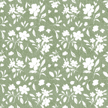 Graphic hand drawn cottagecore floral pattern with ditsy flowers. Leaves, foliage, and meadow flowers form a timeless print. Ideal for wrapping paper, fashion print, and decorative backgrounds.