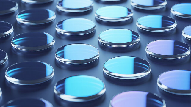 Close-up view of multiple blue and transparent plastic containers on a blue