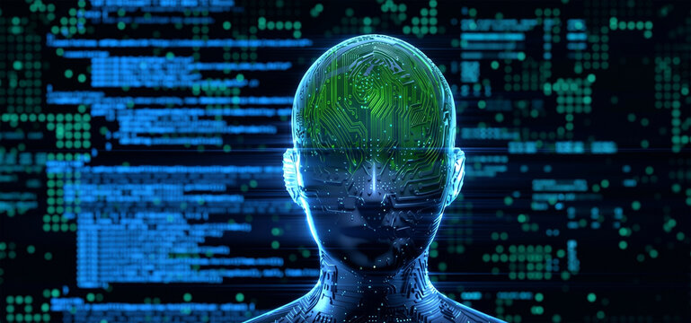 Artificial intelligence data matrix head, cyber security human profile code, machine learning binary code stream, digital transformation neural network identity, futuristic computer programming avatar