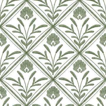 Classic floral pattern watercolor hand painted with bouquets, tiny flowers, foliage. Floral elements and rhombus frames create a seamless design. For fabric, wallpaper, wrapping paper, home textile.
