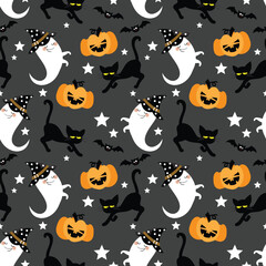 Obraz premium Halloween seamless pattern with cute ghost, black cat, and pumpkin. Whimsical Halloween repeat pattern with spooky characters on dark grey.