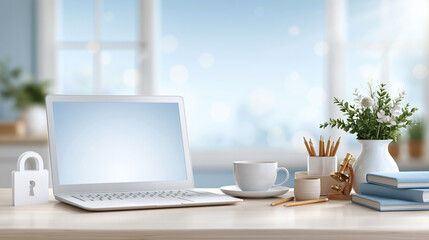 Fototapeta premium Laptop desk education concept student desk blank screen office desk white laptop cup pencil book lock stationery flower vase plant wood desk home