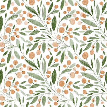 Leaf pattern watercolor hand painted with green leaves and botanical elements. Foliage and branches create a seamless design. Perfect for fabric, wallpaper, wrapping, and home textile projects.
