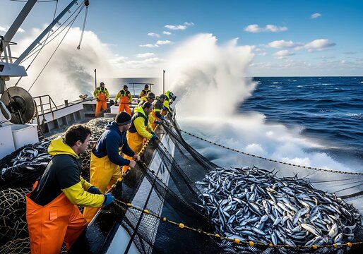 Fishermen pulling in a large catch on a boat in the ocean