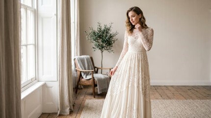 Fototapeta premium A young Caucasian woman with long brown hair wears a vintage wedding dress in a bright, airy room. A potted plant and a chair are visible in the background.
