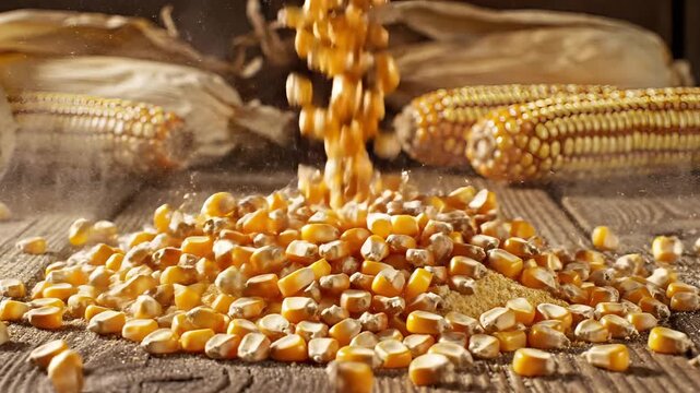 Corn kernels falling onto a pile of cornmeal on a wooden table.