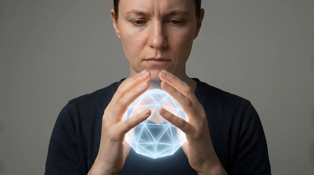 Woman hold glowing geometric sphere
