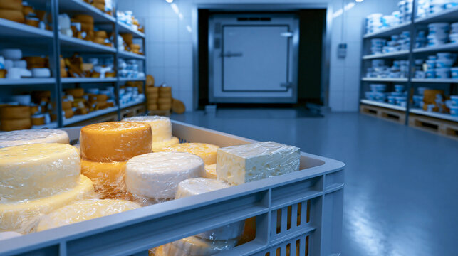 A plastic box with cheese heads and slices wrapped in transparent plastic is located in a refrigerated dairy storage facility, showcasing the concept of cheese storage, maturation, and logistics.