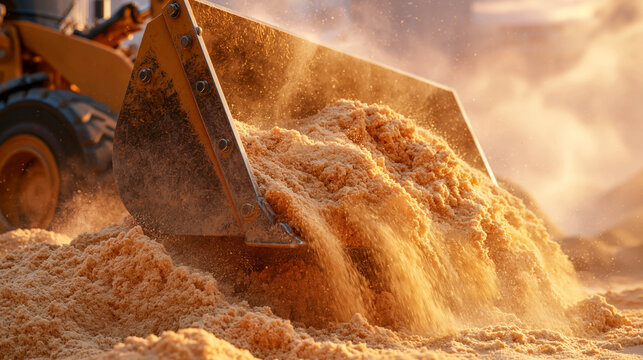 Close-up of a construction loader bucket spilling a stream of dry sand on a dusty construction site. Construction and earthworks concept.