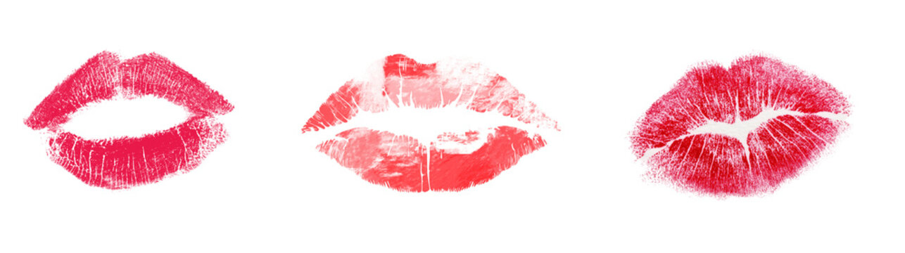 Three red lipstick kiss marks isolated on transparent background