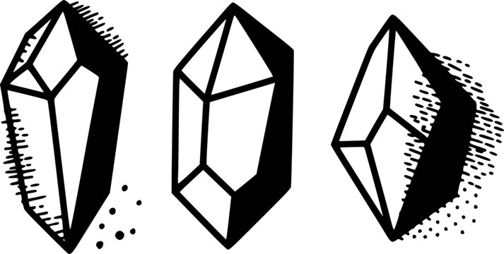 Hand-drawn black and white crystal with textured shading and dots mineral rock geometric