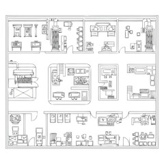 Naklejka premium Detailed architectural floor plan rendering depicting numerous rooms and layouts within a commercial establishment or facility showcasing internal spatial arrangements and departmental divisions