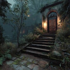Obraz premium Mysterious Stone Stairway Leading to an Old Door in a Foggy Forest.