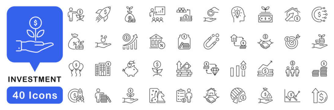 Investment icon set. Finance icons in line style. Editable web icons asset, growth, profit, fund, dividend, profit analysis etc. Vector illustration.