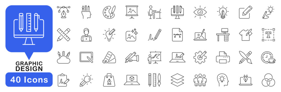 Graphic design icon set. Web design icons in line style. Editable web icons illustration, draw, portfolio, creativity, website, art, painting etc. Vector illustration.