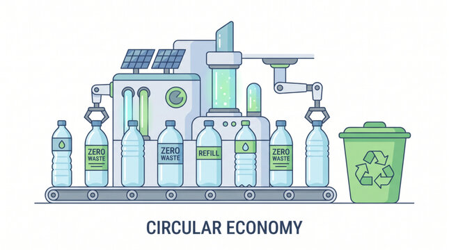 Circular economy concept with recycling factory and plastic bottles.