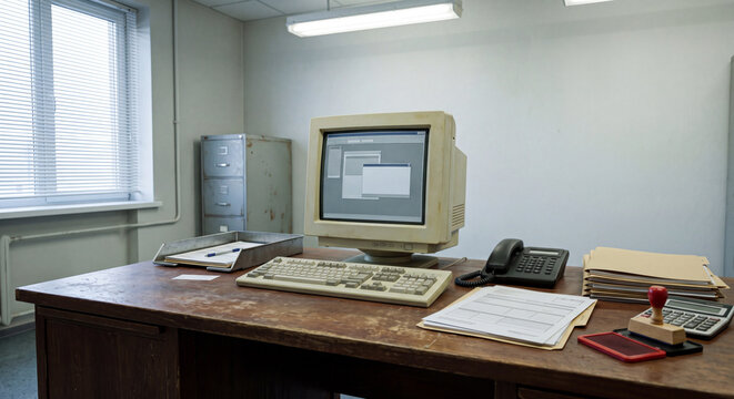 Legacy office desk with paperwork in a post-soviet institution
