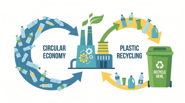 Circular Economy Plastic Recycling Factory Illustration.
