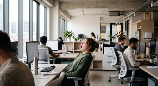 Sleepy employee in open plan office during afternoon slump