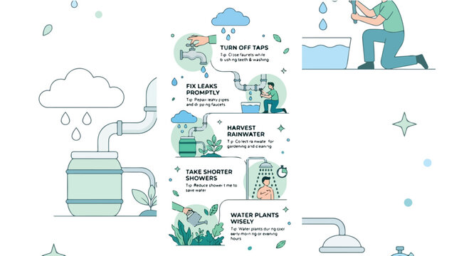 Eco sustainability infographic illustrating essential water conservation tips for daily life. Learn practical ways to save water at home and promote environmental responsibility.