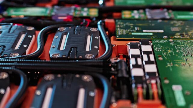 Close-up view of advanced server rack with circuit boards and cables, dynamic motion shot.