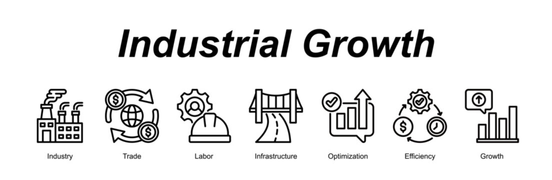 Industrial Growth web banner icon concept for with icon of Industry, Trade, Labor, Infrastructure, Optimization, Efficiency, Growth.