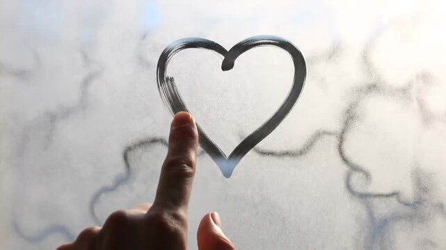 A human finger gently traces a heartfelt symbol, drawing a simple yet profound heart shape onto a steamy, condensation-covered surface, evoking feelings of love and affection