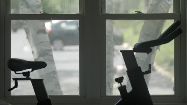 Morning workout equipment at home by a window natural light